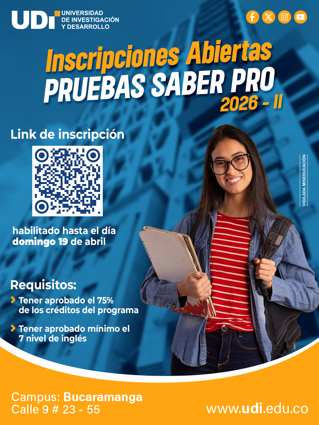 Noticia UDI: SOLICITUD PARA PRESENTAR PRUEBA SABER PRO POR LA INSTITUCIÓN II-2026  Abril 1 al 19 2026